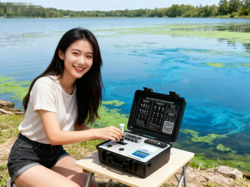 戶外現場使用便攜式多參數水質測定儀檢測湖水水質